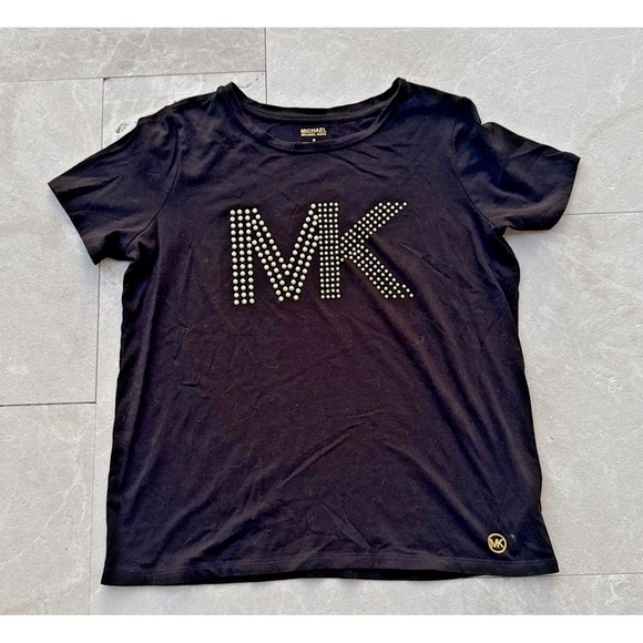 Michael Kors Tops - Michael Kors Black Gold Studded T Shirt MK Logo Crew Neck Sz M Short Sleeve Tee